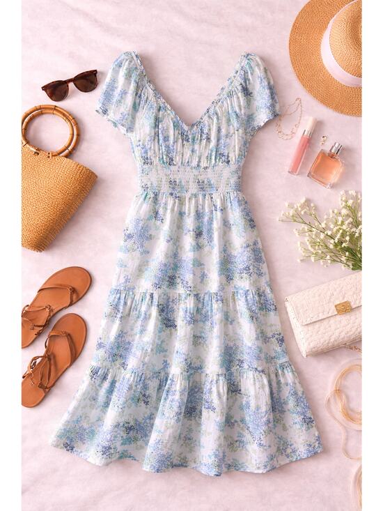 Abercrombie & Fitch Dresses & Skirts - Abercrombie & Fitch Women's Blue Floral Smocked Puff Sleeve Midi Dress Size LT